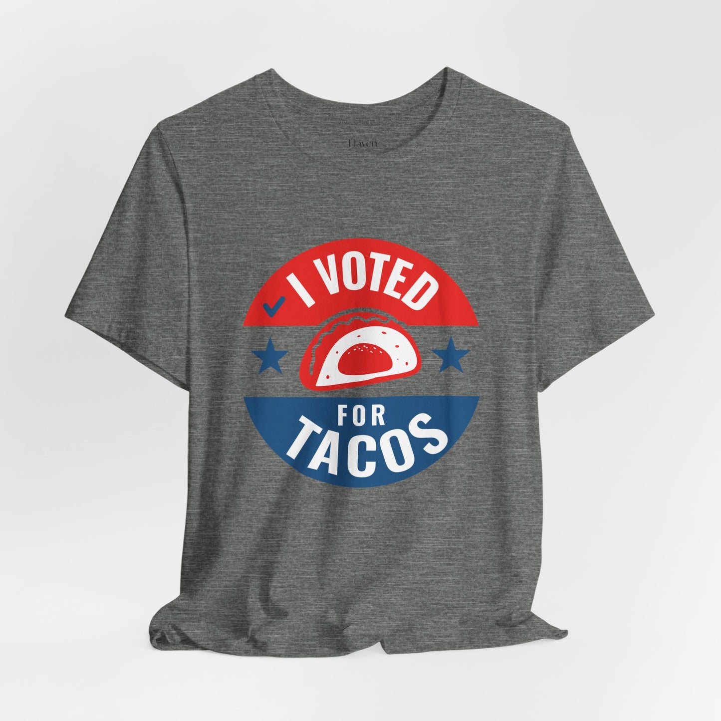 Gray t-shirt with 'I Voted for Tacos' graphic design on a white background