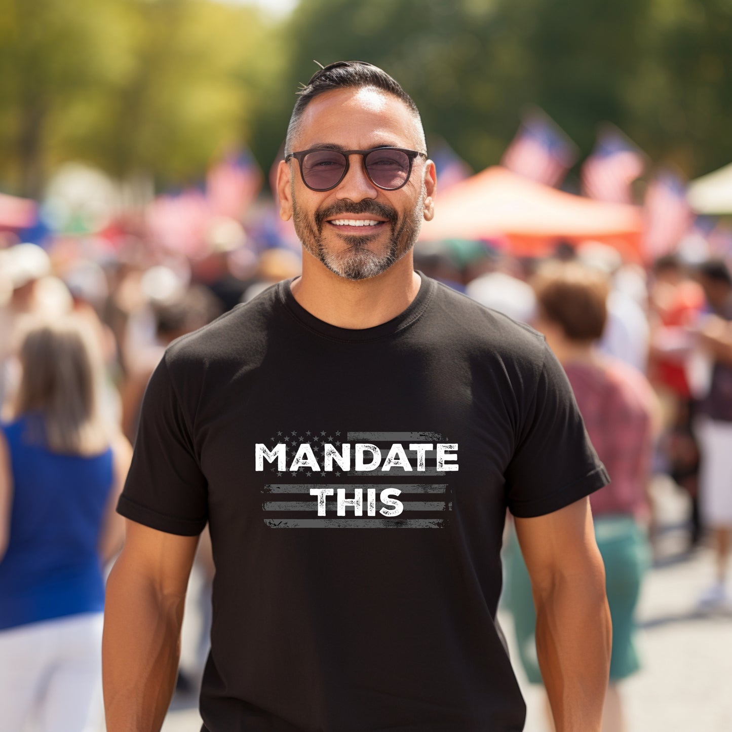 Distressed graphic tee with Mandate This slogan and USA flag illustration, anti-mandate shirt for liberty-minded individuals