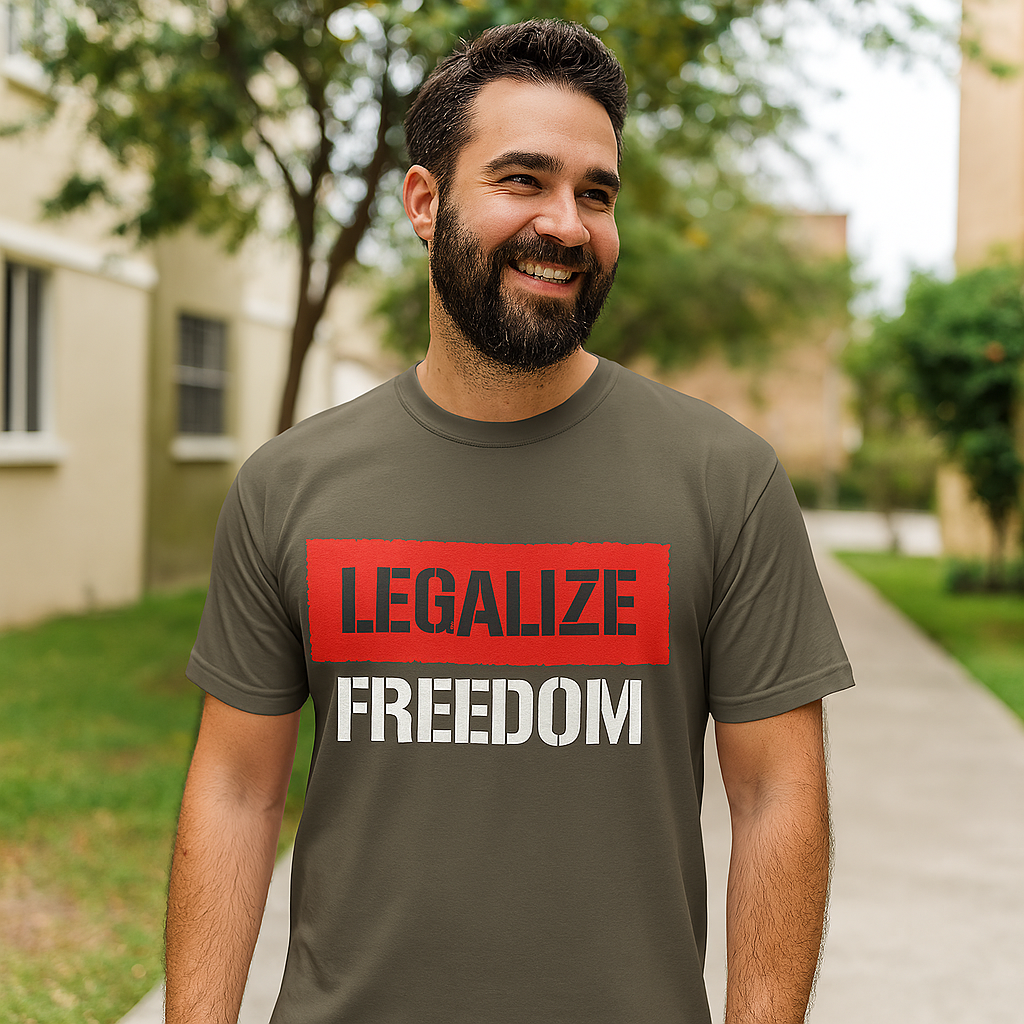 Bold anti-government t-shirt with Legalize Freedom message, libertarian graphic tee for freedom lovers and anti-establishment voices