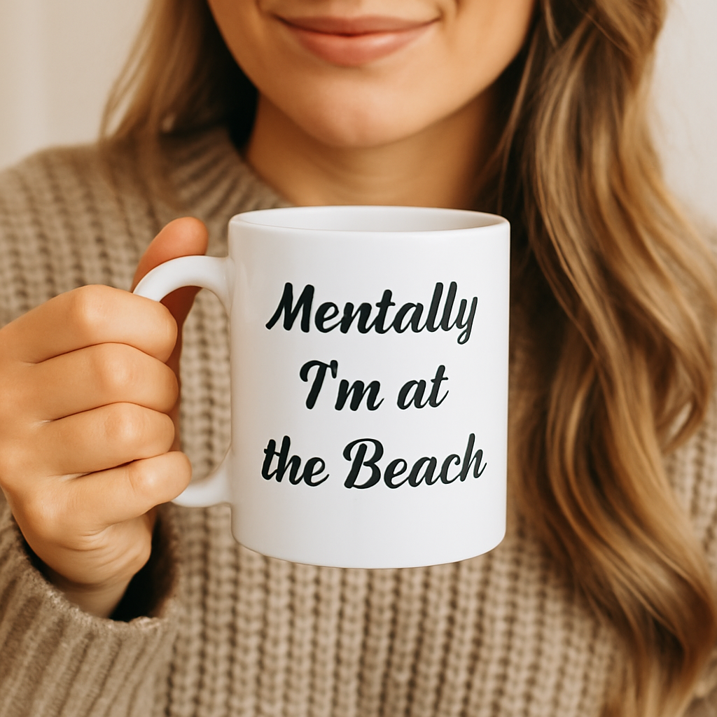person holding a Funny ceramic coffee mug with "Mentally I'm at the Beach" text, humorous cup for work, beach lover gift idea