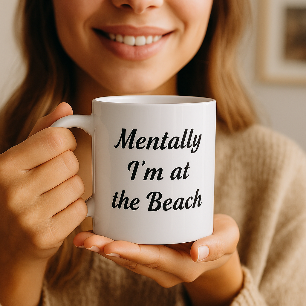 Person holding a funny ceramic coffee mug with "Mentally I'm at the Beach" text, humorous cup for work, beach lover gift idea