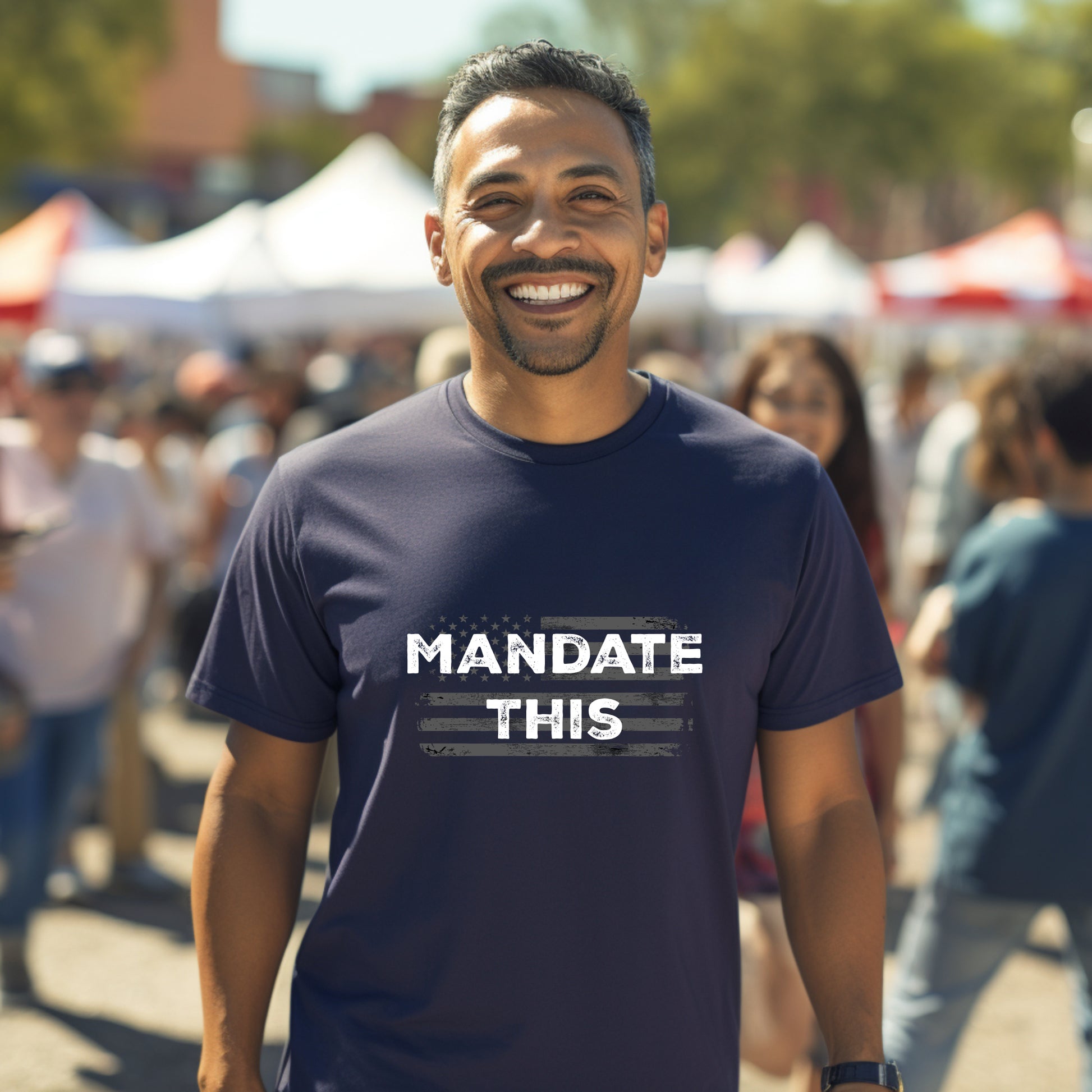 Distressed graphic tee with Mandate This slogan and USA flag illustration, anti-mandate shirt for liberty-minded individuals