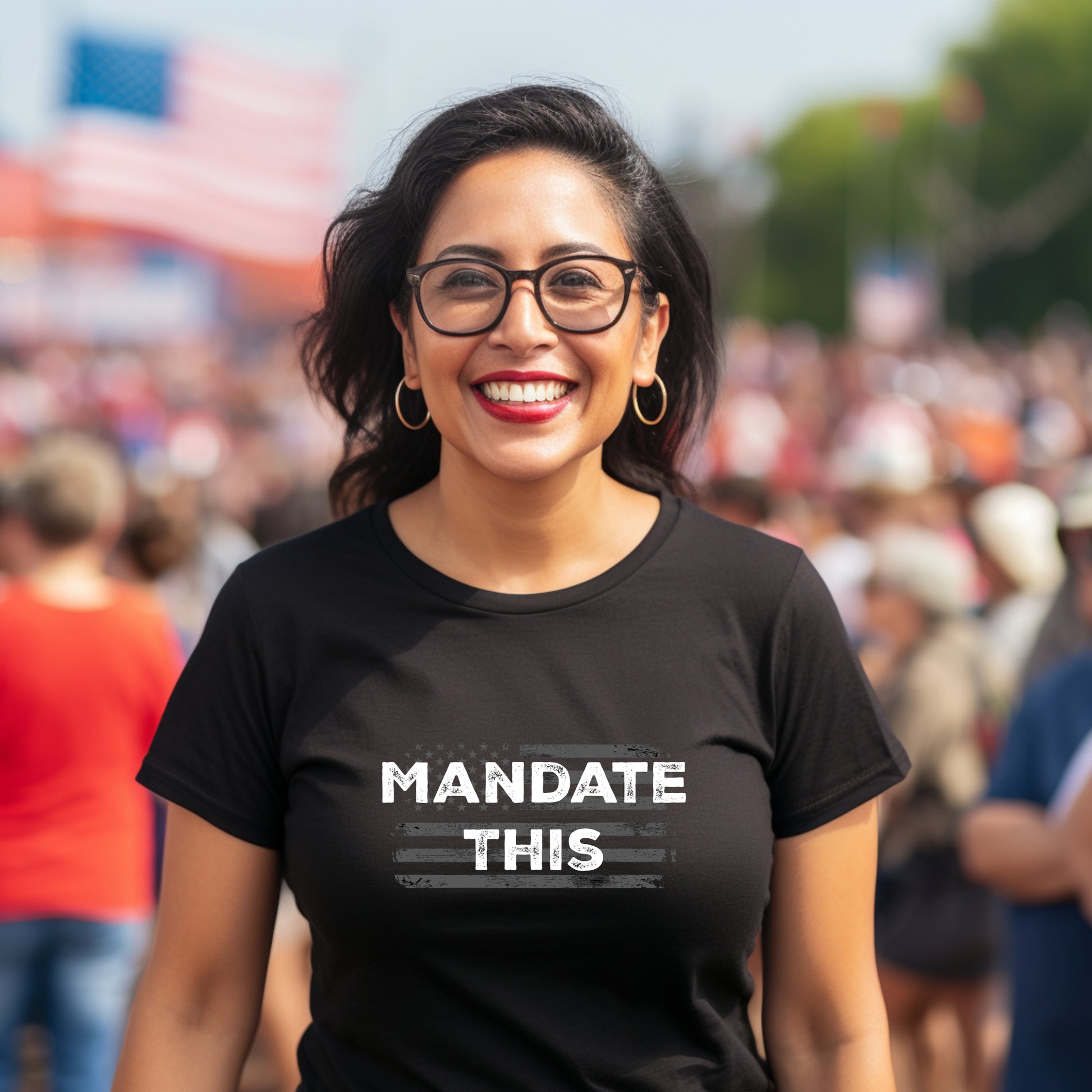 Distressed graphic tee with Mandate This slogan and USA flag illustration, anti-mandate shirt for liberty-minded individuals