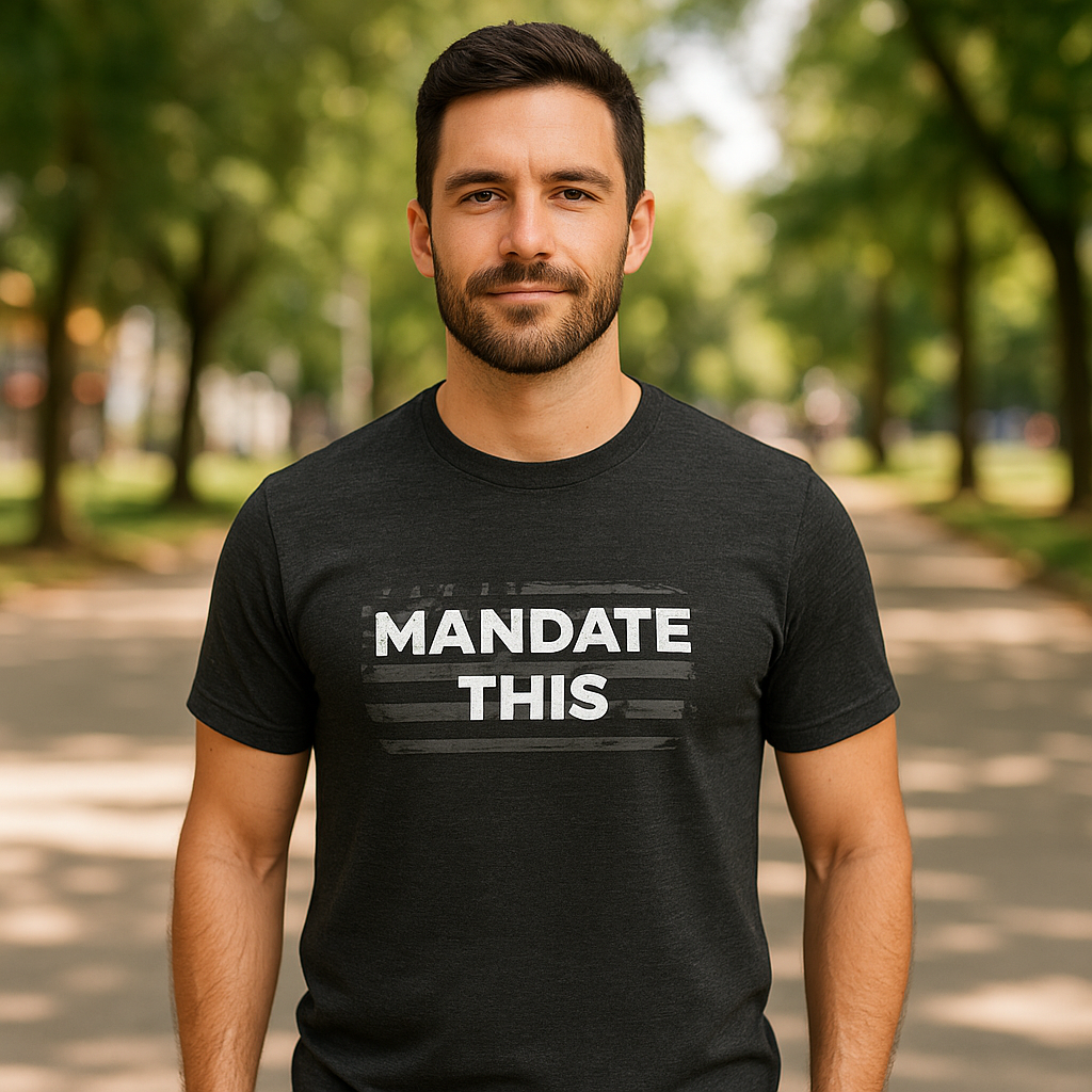 Distressed graphic tee with Mandate This slogan and USA flag illustration, anti-mandate shirt for liberty-minded individuals