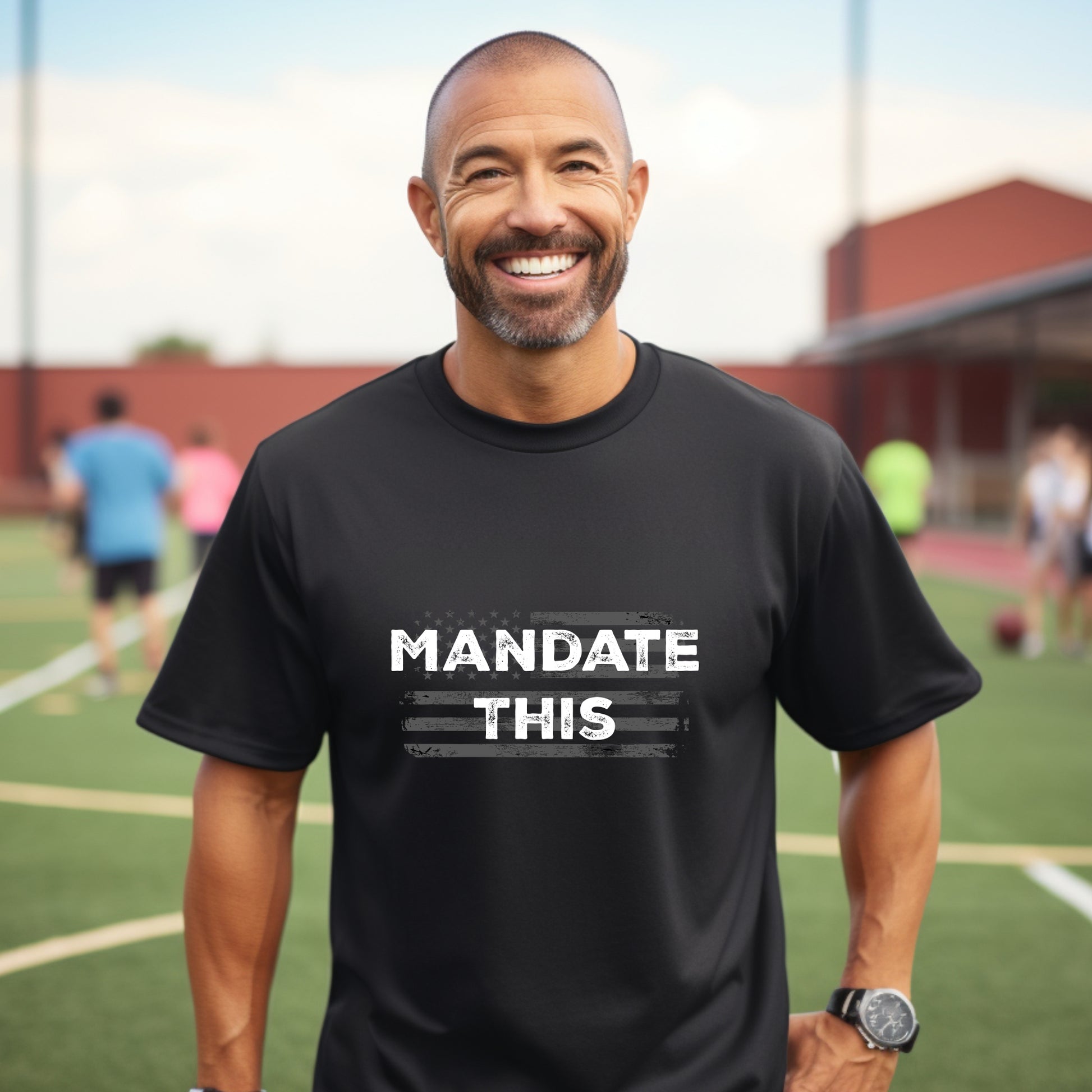 Distressed graphic tee with Mandate This slogan and USA flag illustration, anti-mandate shirt for liberty-minded individuals