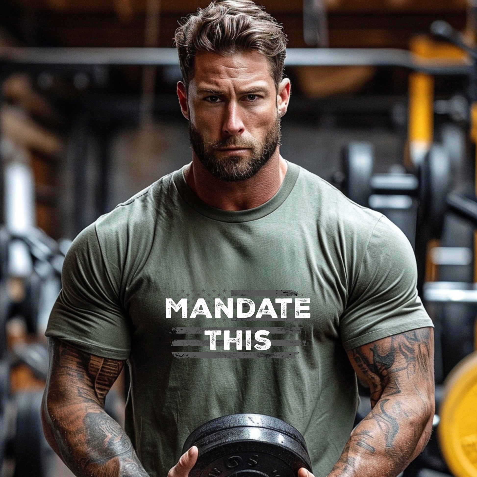 Distressed graphic tee with Mandate This slogan and USA flag illustration, anti-mandate shirt for liberty-minded individuals
