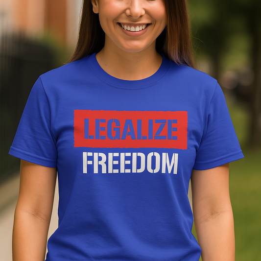 Bold anti-government t-shirt with Legalize Freedom message, libertarian graphic tee for freedom lovers and anti-establishment voices