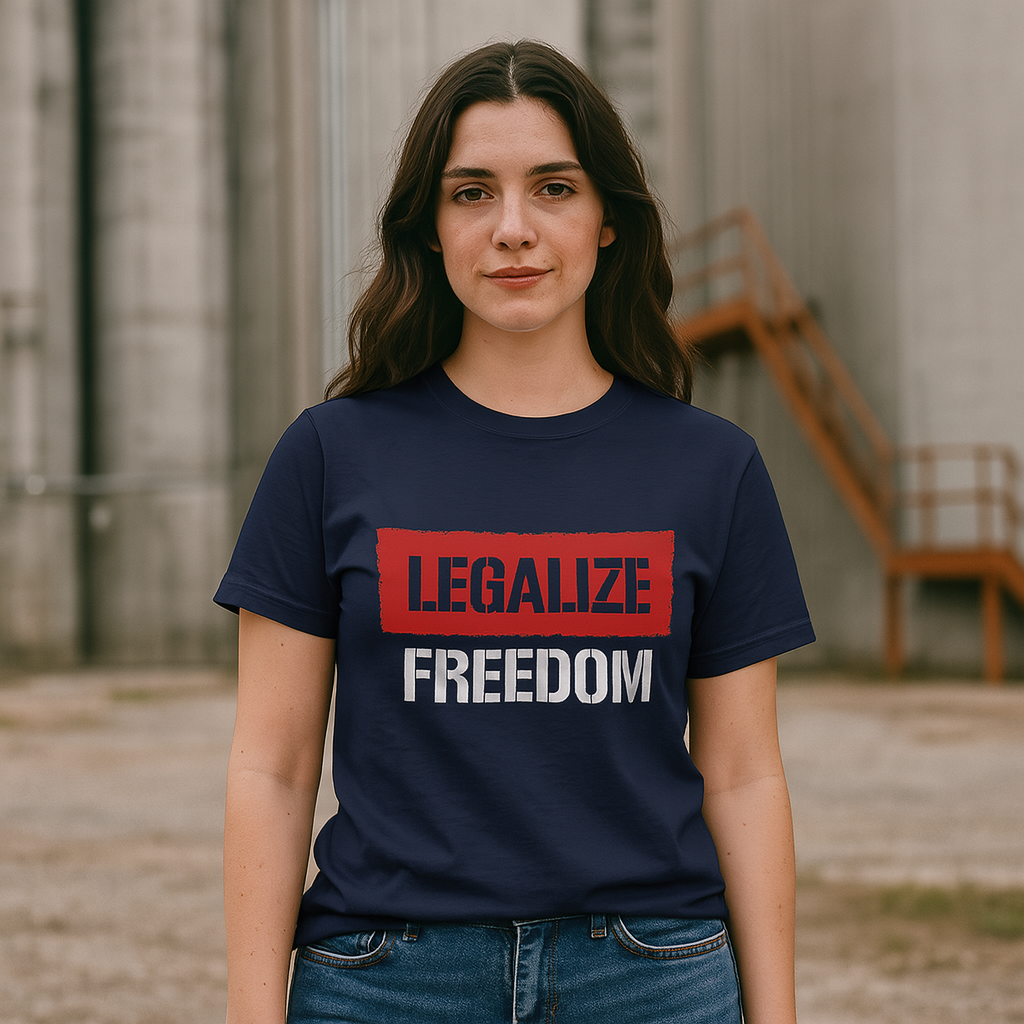 Bold anti-government t-shirt with Legalize Freedom message, libertarian graphic tee for freedom lovers and anti-establishment voices