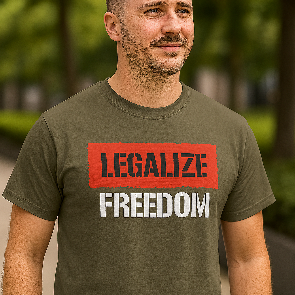 Bold anti-government t-shirt with Legalize Freedom message, libertarian graphic tee for freedom lovers and anti-establishment voices