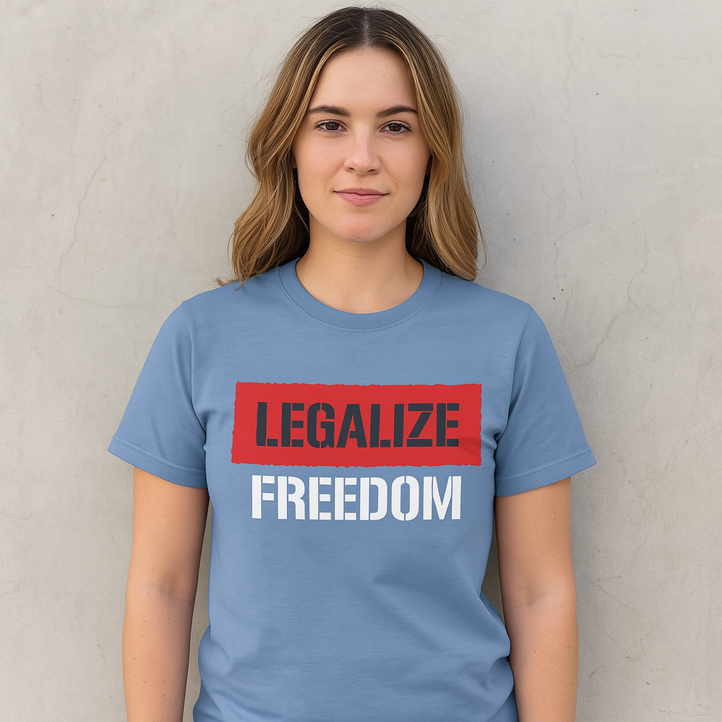 Bold anti-government t-shirt with Legalize Freedom message, libertarian graphic tee for freedom lovers and anti-establishment voices