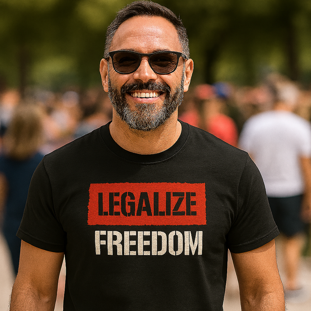 Bold anti-government t-shirt with Legalize Freedom message, libertarian graphic tee for freedom lovers and anti-establishment voices