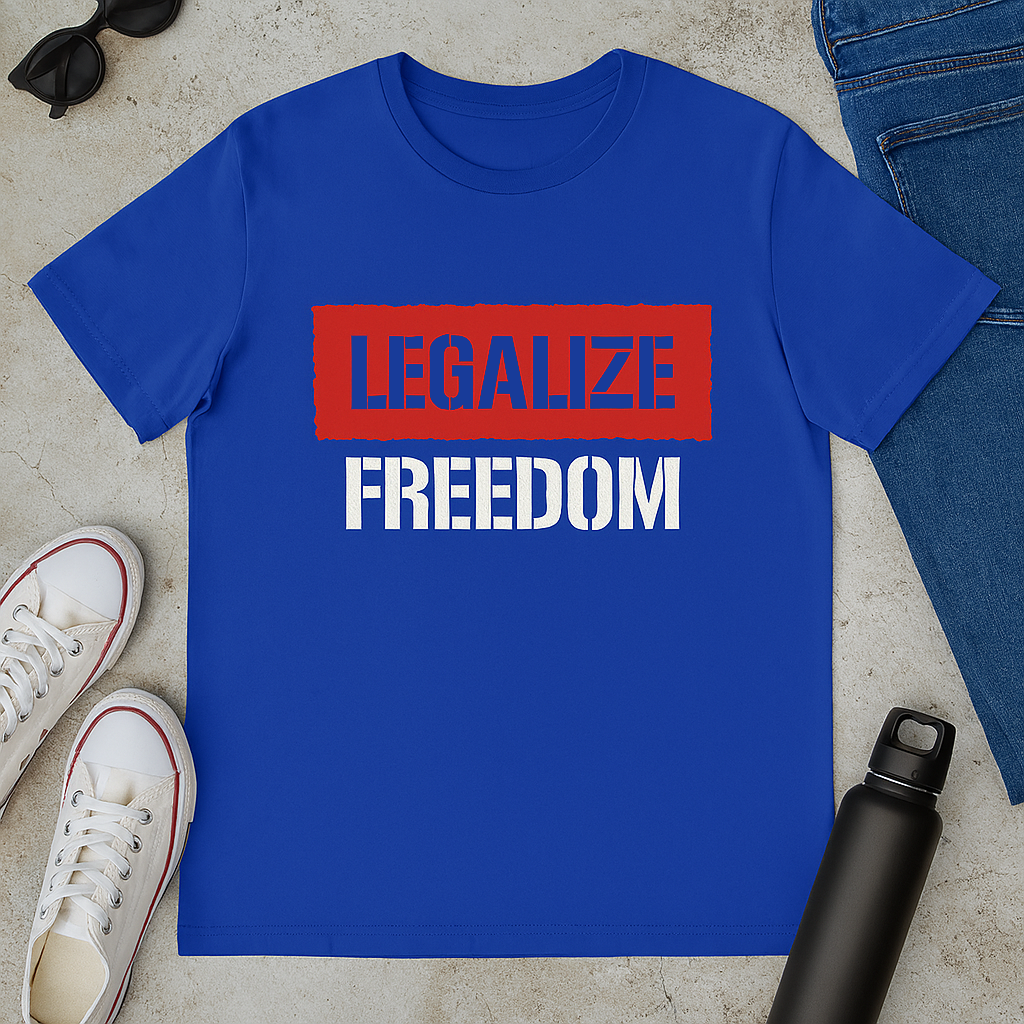 Bold anti-government t-shirt with Legalize Freedom message, libertarian graphic tee for freedom lovers and anti-establishment voices
