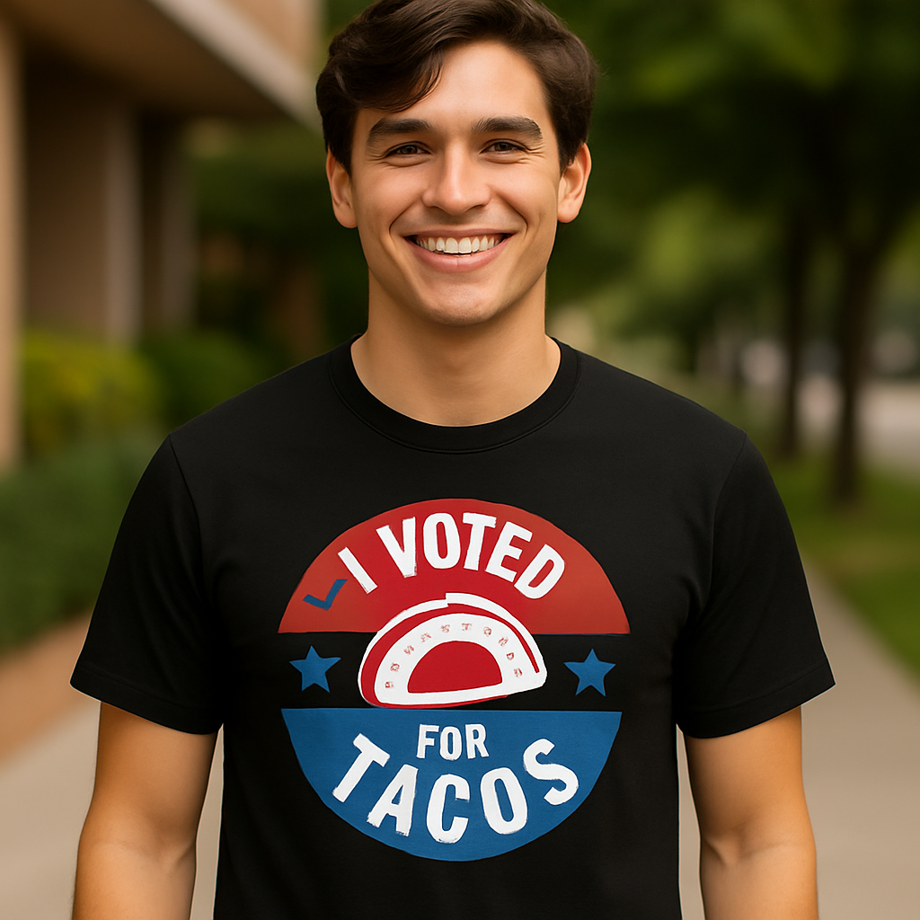 Man wearing a Funny political parody black shirt with I Voted for Tacos text, humorous voting design for taco lovers and anti-politics humor fans