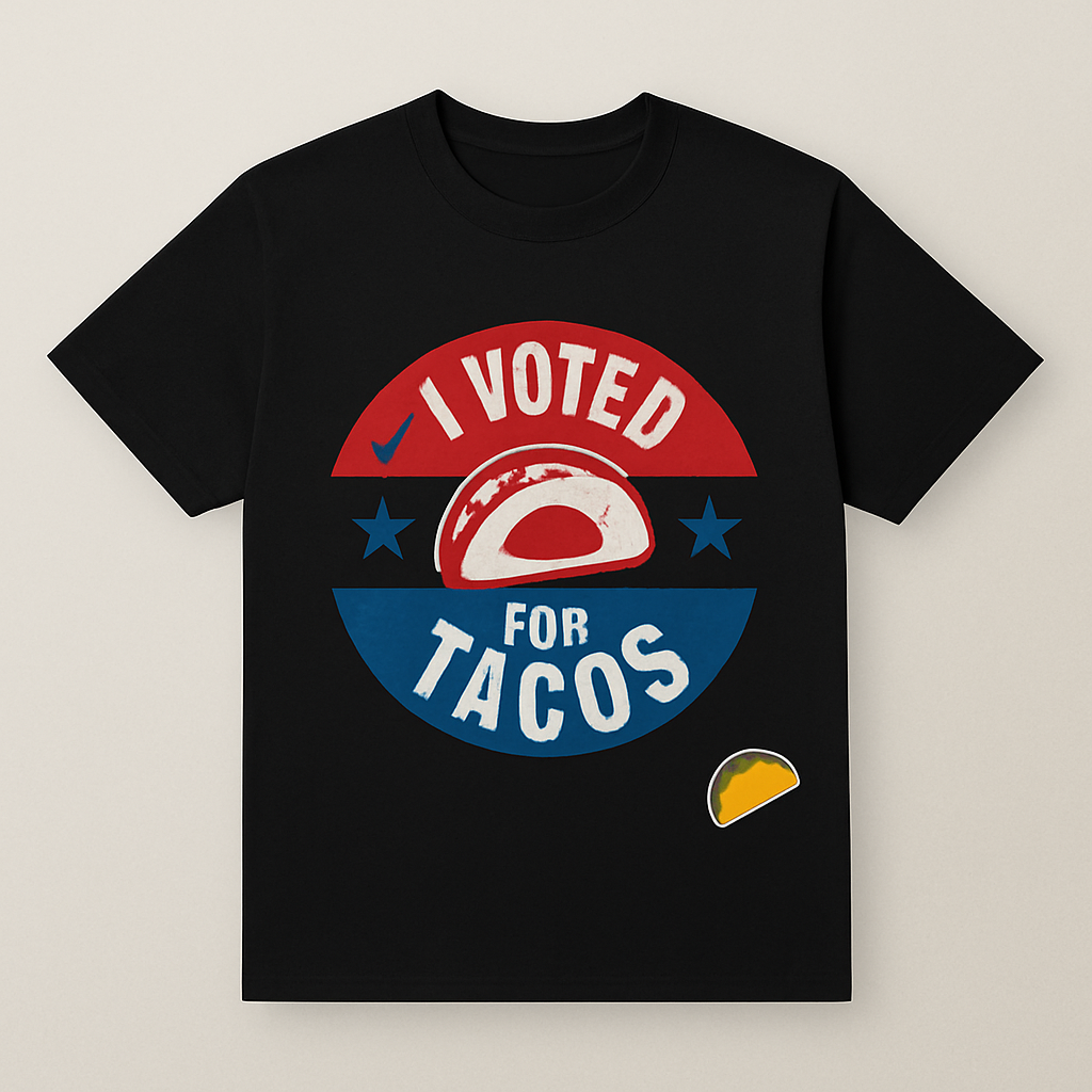 Black t-shirt with 'I Voted for Tacos' graphic design on a beige background