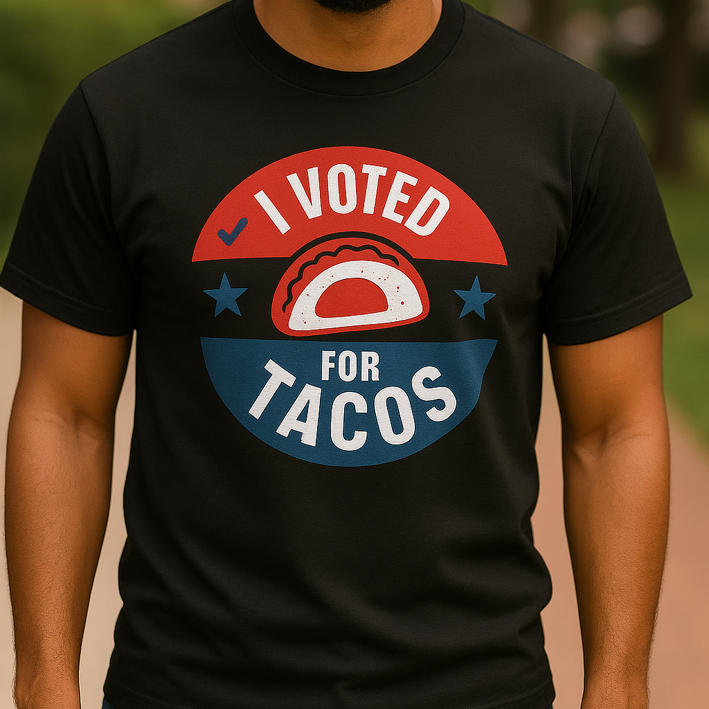 Person wearing a Funny political parody black shirt with I Voted for Tacos text, humorous voting design for taco lovers and anti-politics humor fans