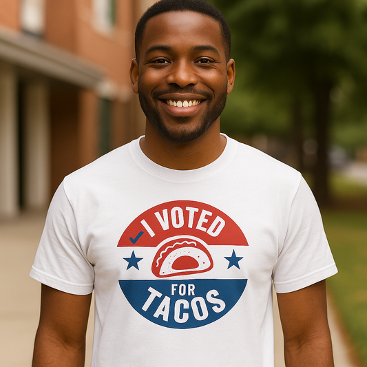 Man wearing a Funny political parody white shirt with I Voted for Tacos text, humorous voting design for taco lovers and anti-politics humor fans
