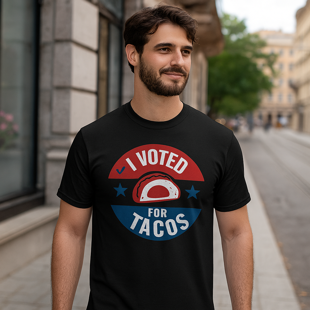 Man wearing a Funny political parody black shirt with I Voted for Tacos text, humorous voting design for taco lovers and anti-politics humor fans