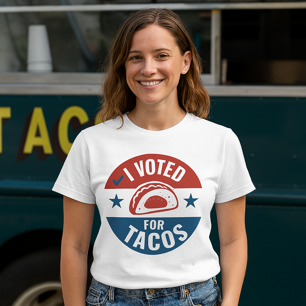 Woman wearing a Funny political parody white shirt with I Voted for Tacos text, humorous voting design for taco lovers and anti-politics humor fans
