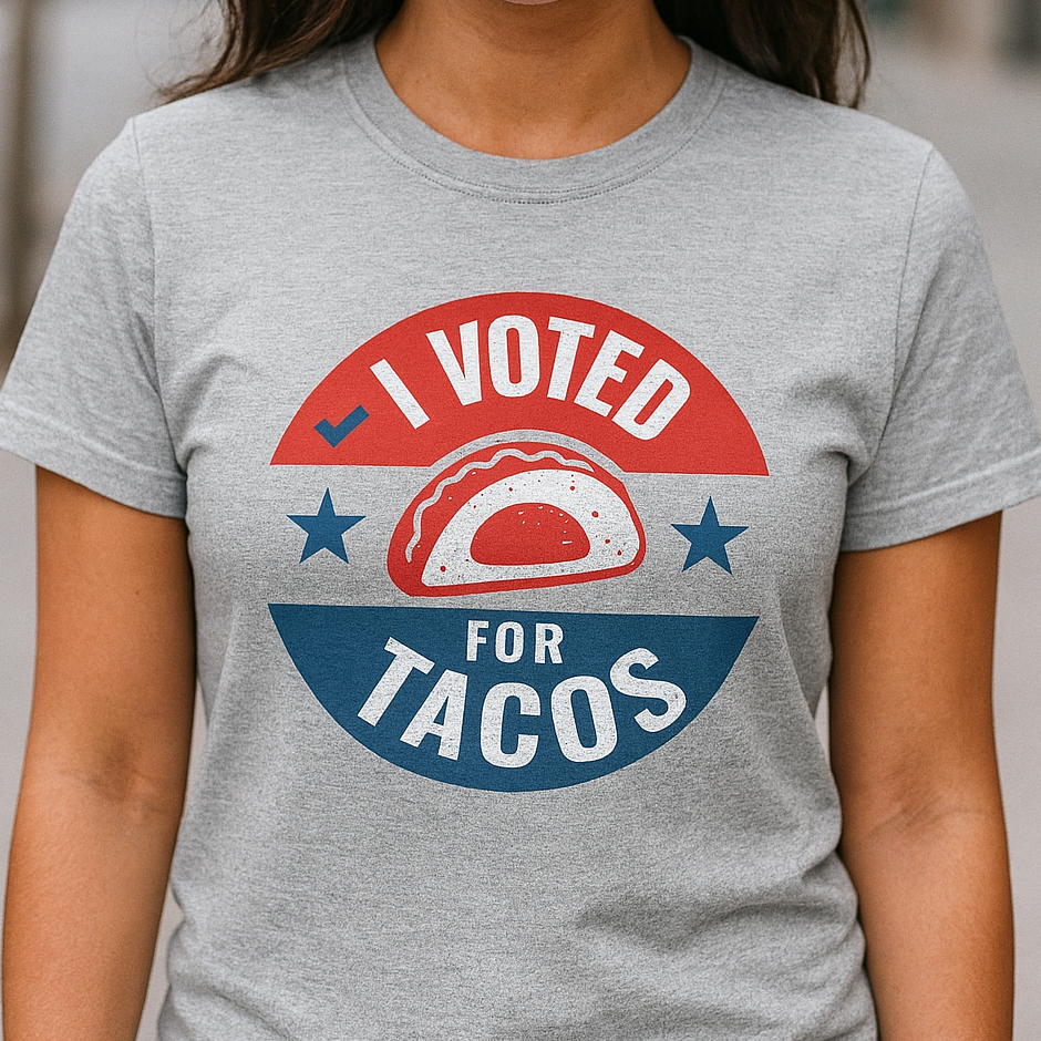 Women wearing a Funny political parody grey shirt with I Voted for Tacos text, humorous voting design for taco lovers and anti-politics humor fans