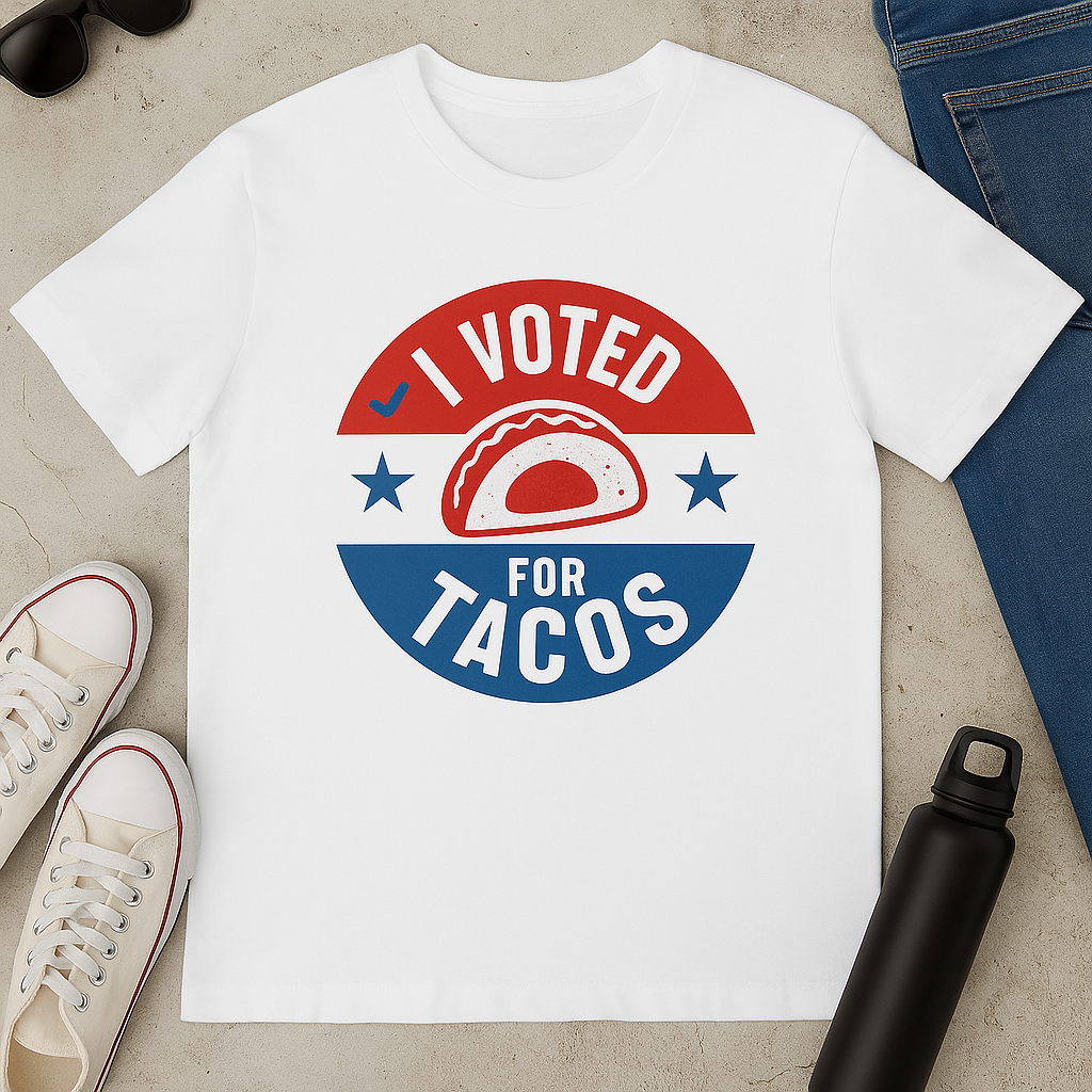 White t-shirt with 'I Voted for Tacos' graphic on a concrete surface with shoes and jeans.
