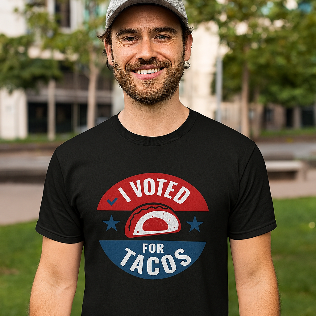 Man wearing a Funny political parody black shirt with I Voted for Tacos text, humorous voting design for taco lovers and anti-politics humor fans