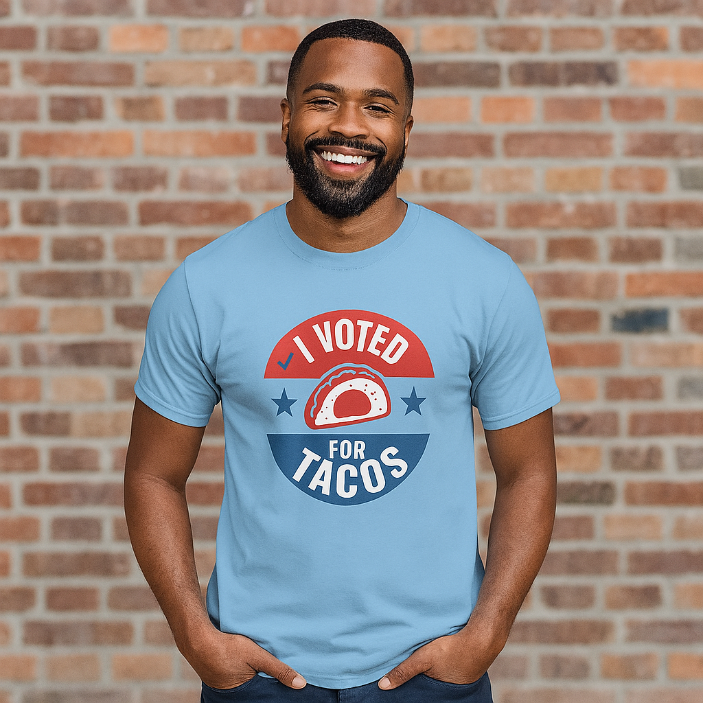 Man wearing a Funny political parody light blue shirt with I Voted for Tacos text, humorous voting design for taco lovers and anti-politics humor fans