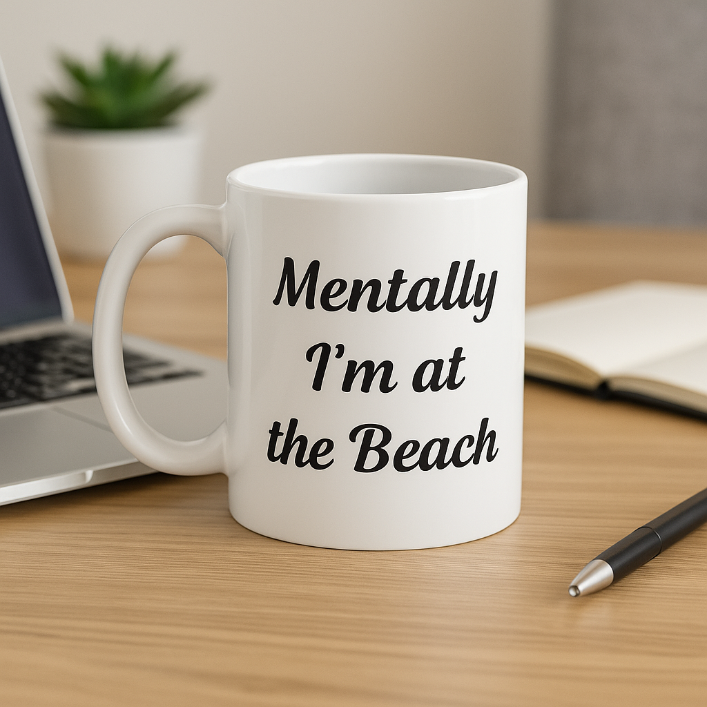 White mug with 'Mentally I'm at the Beach' text on a desk with laptop and notebook.