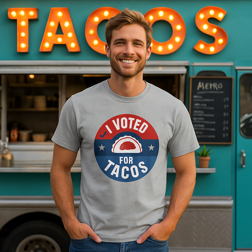 Man wearing a Funny political parody light blue shirt with I Voted for Tacos text, humorous voting design for taco lovers and anti-politics humor fans