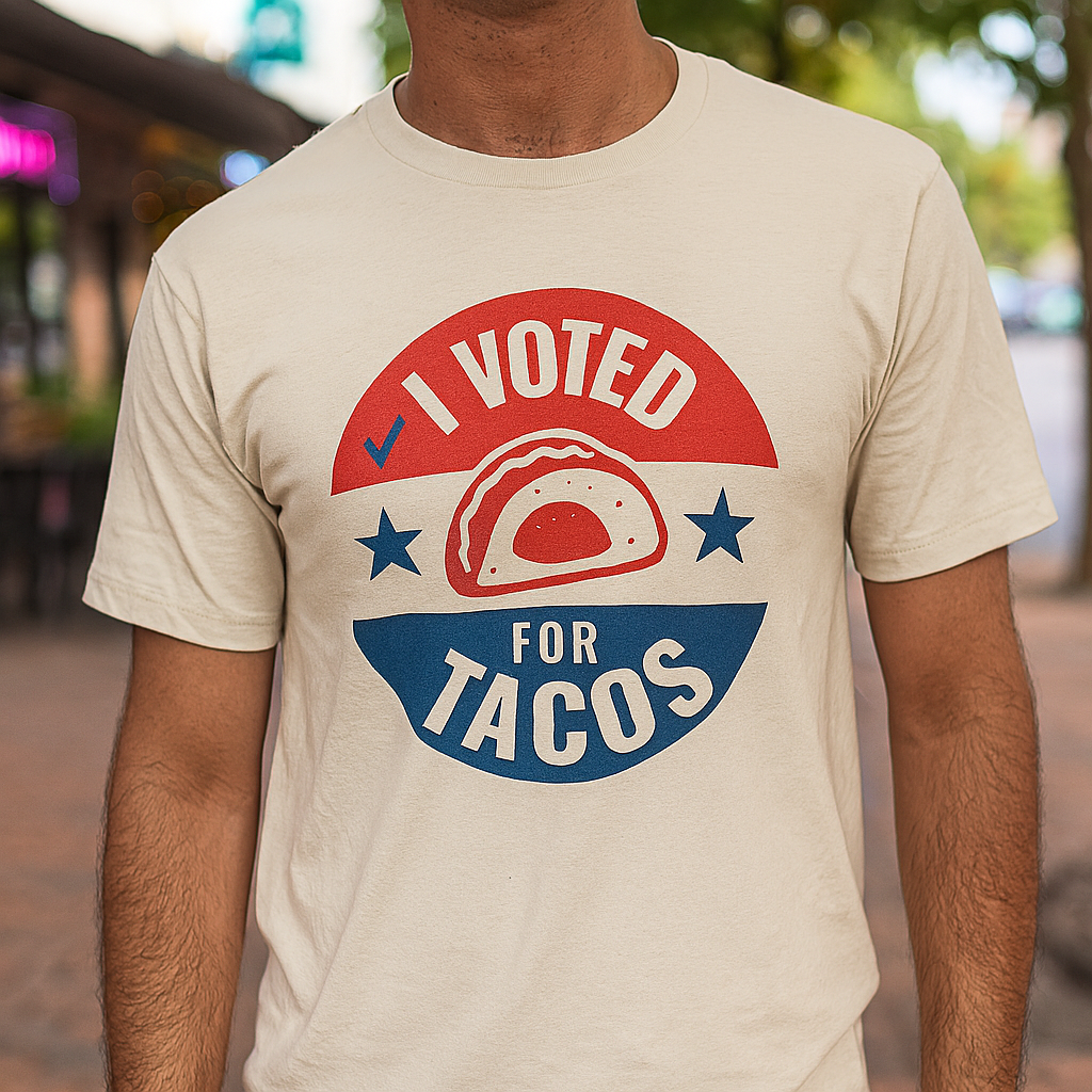 Man wearing a Funny political parody beige shirt with I Voted for Tacos text, humorous voting design for taco lovers and anti-politics humor fans