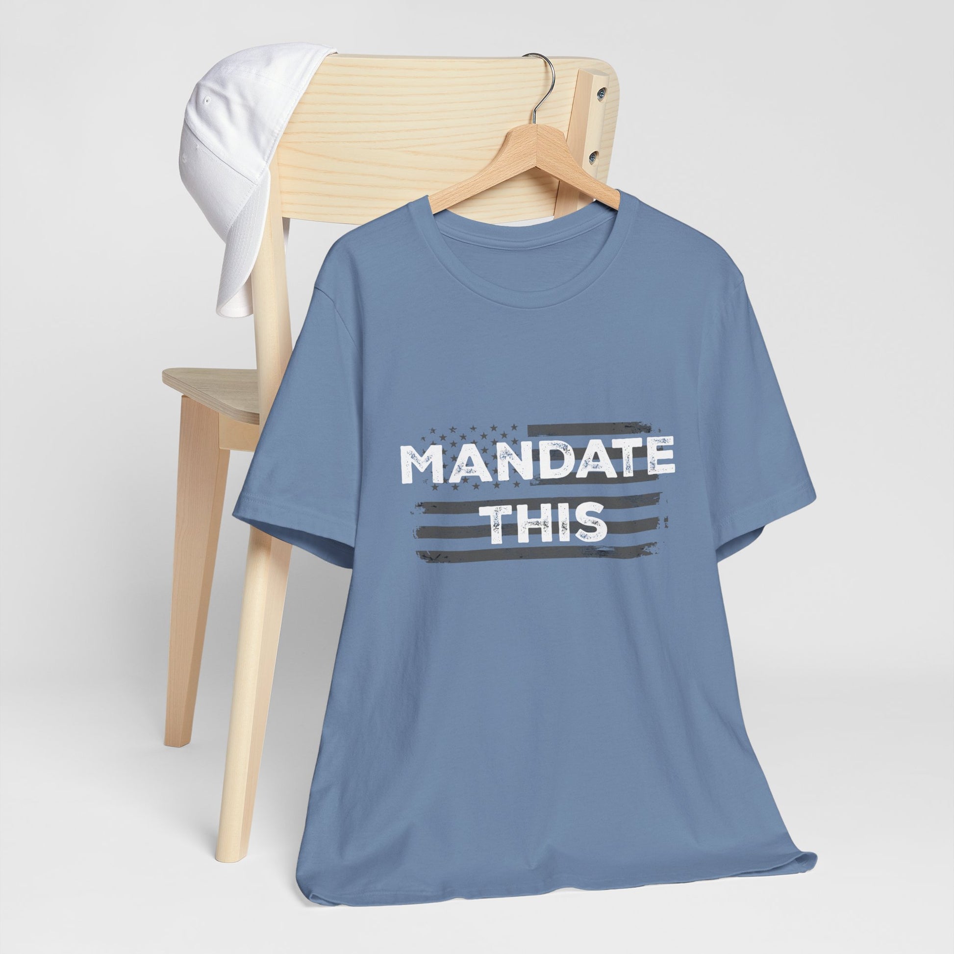 Distressed graphic tee with Mandate This slogan and USA flag illustration, anti-mandate shirt for liberty-minded individuals